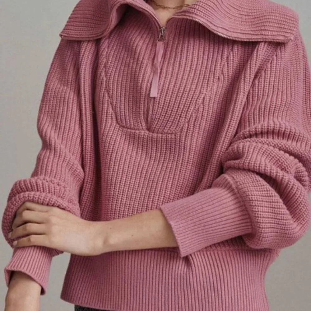 Varley Mentone Half Zip Sweater Mauve Chunky Knit Cotton Athleisure Pullover XL - Picture 5 of 13